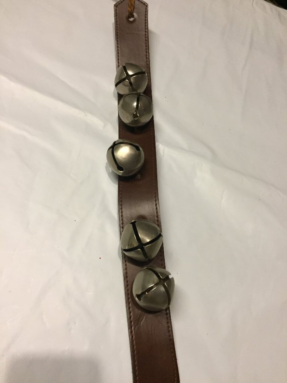 Vintage 5 Metal Sleigh Bells on 18” Leather Strap Great Christmas Sound Santa  T